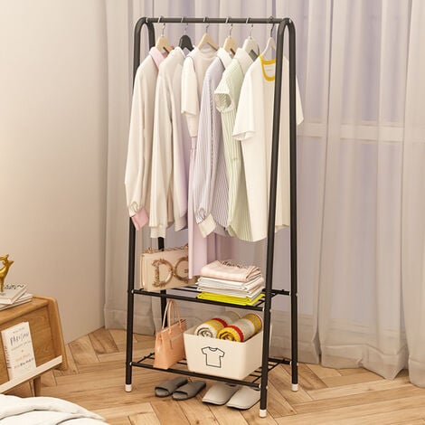 LIVINGANDHOME Freestanding Metal Clothing Rack with 2 Tier Wire Shelf