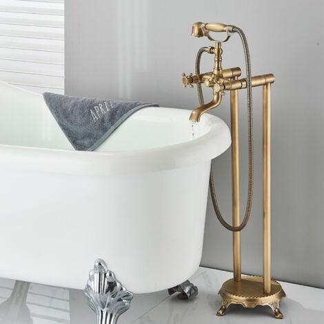 SUGUWORD Freestanding Rubinetti Per Vasca, Montaggio A Pavimento Miscelatore Rubinetto Per Vasca Rubinetto Per Vasca Da Bagno Indipendente, Girevole A 360°, Con Doccetta Per Vasca Oro spazzolato