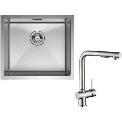Fregadero bajo encimera con 1 seno 50×44CM Fregadero de acero inoxidable cepillado + grifo de cocina con 2 tipos de chorro Grifo para fregadero extraíble cepillado, altura 312 mm