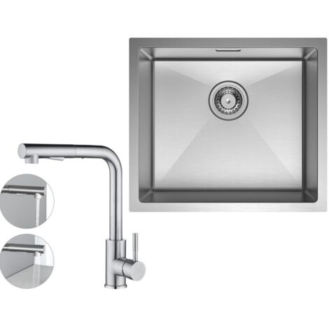 Fregadero bajo encimera con 1 seno 50×44CM Fregadero de acero inoxidable cepillado + grifo de cocina con 2 tipos de chorro Grifo para fregadero extraíble cepillado, altura 345 mm