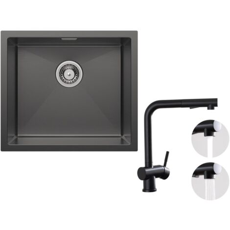 Fregadero bajo encimera con 1 seno Fregadero de acero inoxidable 50×44 cm negro antracita + grifo de cocina con 2 tipos de chorro grifo para fregadero extraíble negro, altura 312 mm