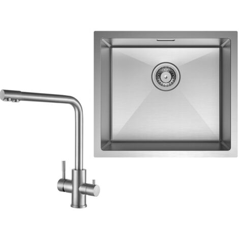 Fregadero bajo encimera con 1 seno Fregadero de acero inoxidable 50×44CM cepillado + grifo de cocina cepillado Grifo para fregadero 3 en 1, altura 344 mm