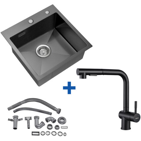 Fregadero Cocina 1 Seno 45 x 45 cm de Acero Inoxidable + Grifo de cocina extraíble 360° Giratorio Mezclador Monomando de Fregadero,7-Form