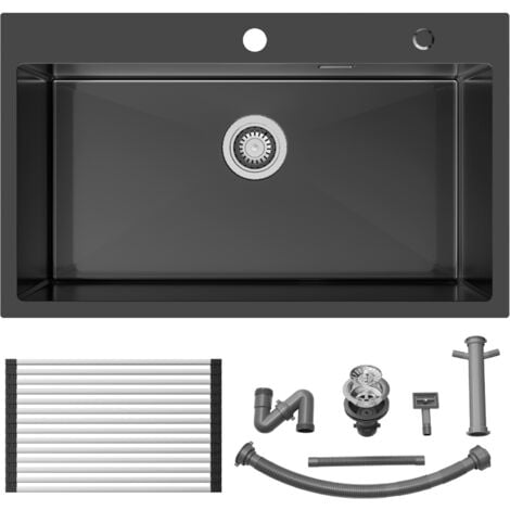 Fregadero Cocina 1 Seno 75 x 45 x 19 cm Gris oscuro en Acero Inoxidable, Escurridor enrollable, Desagüe y Sifón Sobre Encimera o Encastrado Fregadero para Cocina
