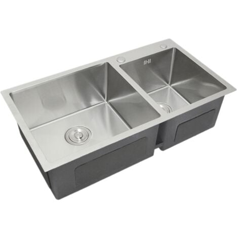 Fregadero Cocina de Acero Inoxidable Tazón Doble Acabado Satinado Cuadrado Premium Hecho a Mano con Colador Tapón y Tubo Desagüe Fácil Instalación Resistente a la Corrosión Double Kitchen Sink