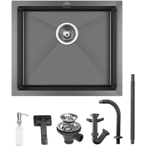 AURALUM MAX Fregadero Cocina Un Seno 50x43cm Fregaderos de Acero Inoxidable con 300ml Dispensador de Jabón y Sifón, Fregadero Bajo encimera, Enrasado o Sobre Encimera