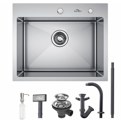 AURALUM Fregadero Cocina Un Seno 55 x 45cm, Fregaderos en Acero Inoxidable con Dispensador de Jabón, Juego de Desagüe y Sifón, Fregadero Sobre Encimera o Empotrado