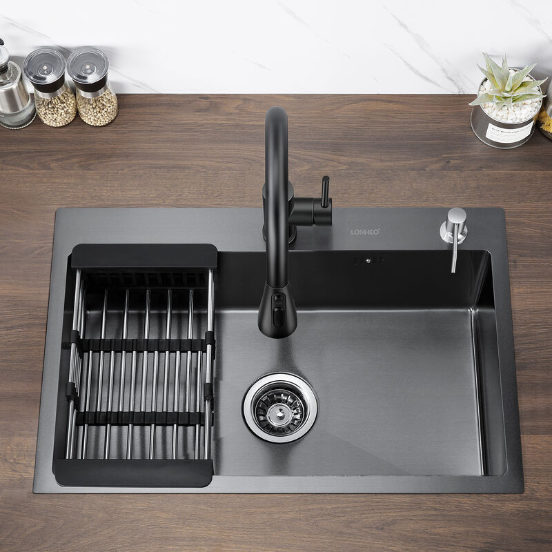 

Fregadero Cocina un Seno 68x45x19cm Negro Acero Inoxidable con Dispensador de Jabón, Cesta ajustable, Desagüe y Sifón Sobre Encimera o Encastrado