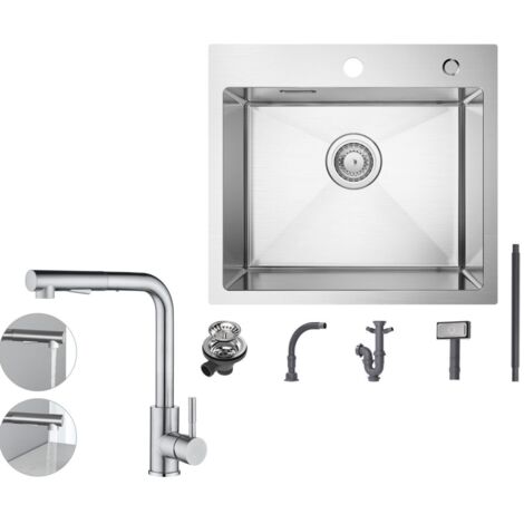 Fregadero de 1 seno 50×45CM Fregadero de acero inoxidable cepillado + grifo de cocina con 2 tipos de chorro Grifo para fregadero extraíble cepillado, altura 345 mm