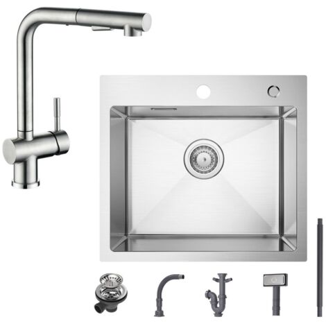Fregadero de 1 seno Fregadero de acero inoxidable cepillado de 50 × 45 CM + grifo de cocina con 2 tipos de chorro Grifo de fregadero extraíble cepillado, altura 312 mm