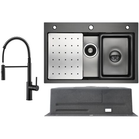 Fregadero de acero inoxidable 70x45 cm negro antracita con escurridor + grifo de cocina con resorte negro con 2 tipos de chorro 480 mm