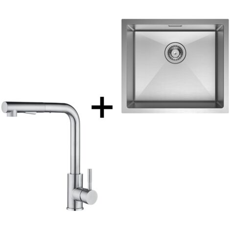 Fregadero de acero inoxidable CECIPA fregadero de cocina cepillado de 50×44CM fregadero bajo encimera + grifo de cocina extraíble de 31cm