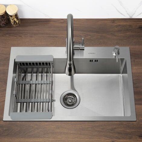 LONHEO Fregadero de Cocina 1 Seno 68 x 45 x 19 cm de Acero Inoxidable con Dispensador de Jabón, Cesta ajustable, Desagüe y Sifón Sobre Encimera o Encastrado Fregadero para Cocina