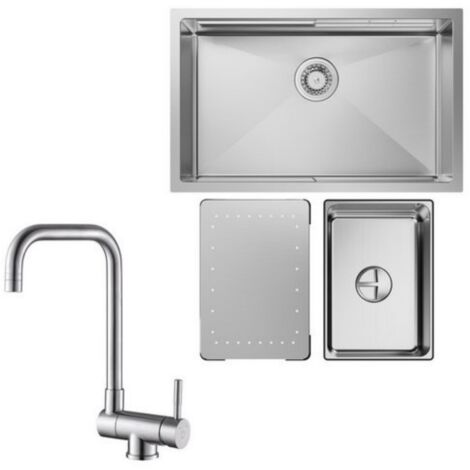 CECIPA MAX Fregadero de cocina 1,5 lavabo 70x44 cm fregadero de acero inoxidable fregadero bajo encimera cepillado + grifo de cocina de ventana grifo de cocina cepillado alto 355 MM