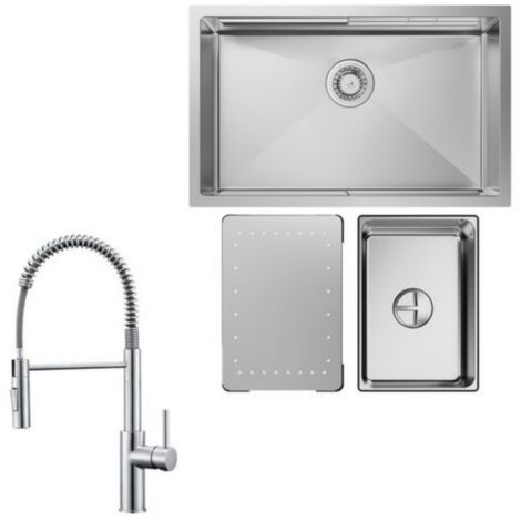 Fregadero de cocina 1,5 senos Fregadero de acero inoxidable de 70x44 cm Fregadero bajo encimera cepillado + grifo de cocina con resorte cepillado con 2 tipos de chorro grifo de cocina alto 480 mm