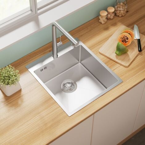 AURALUM MAX Fregadero de cocina 44 x 49 CM fregadero de acero inoxidable Fregadero empotrable con 2 orificios de montaje + juego de desagüe + dispensador de jabón, plata