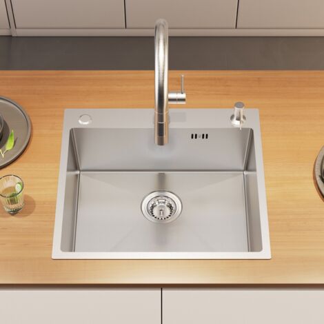AURALUM MAX Fregadero de cocina 54 x 49 CM fregadero de acero inoxidable Fregadero empotrable con 3 orificios de montaje + juego de desagüe + dispensador de jabón, plata