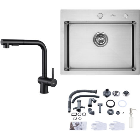 Fregadero de Cocina 55 x 45cm + Grifo de cocina con ducha extraíble en Acero inoxidable + Dispensador de Jabón 300ml y Sifón set