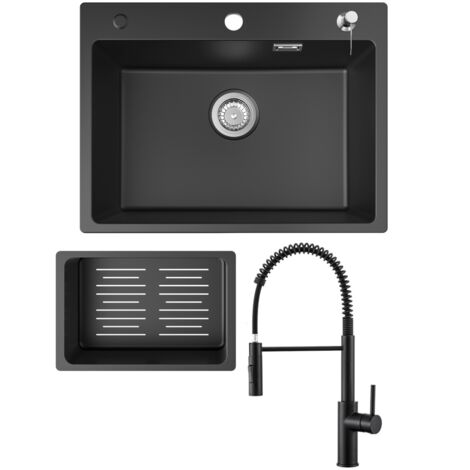 Fregadero de cocina 60x45cm fregadero de granito negro antracita con dosificador de jabón + grifo de cocina con resorte negro con 2 tipos de chorro 480 mm