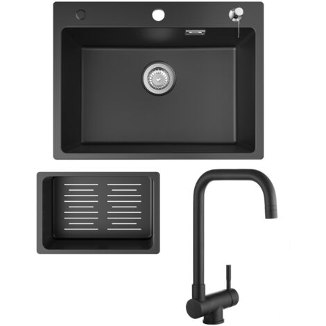 Fregadero de cocina 60x45cm fregadero de granito negro antracita con dosificador de jabón + grifo de cocina con ventana negro alto 355MM