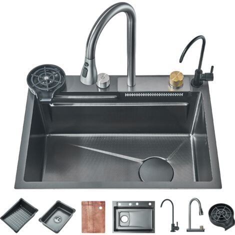 Fregadero de cocina 60x45cm Fregadero en cascada，  Fregadero de cocina de acero inoxidable con Grifería multifunción, lavavasos, caño en cascada