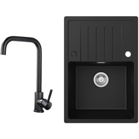 CECIPA MAX Fregadero de cocina 65x45cm fregadero de granito negro antracita con escurridor + grifo de cocina de alta presión negro alto 355MM