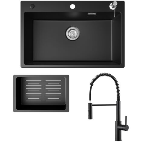Fregadero de cocina 70x45cm fregadero de granito negro antracita con dosificador de jabón + grifo de cocina con resorte negro con 2 tipos de chorro 480 mm