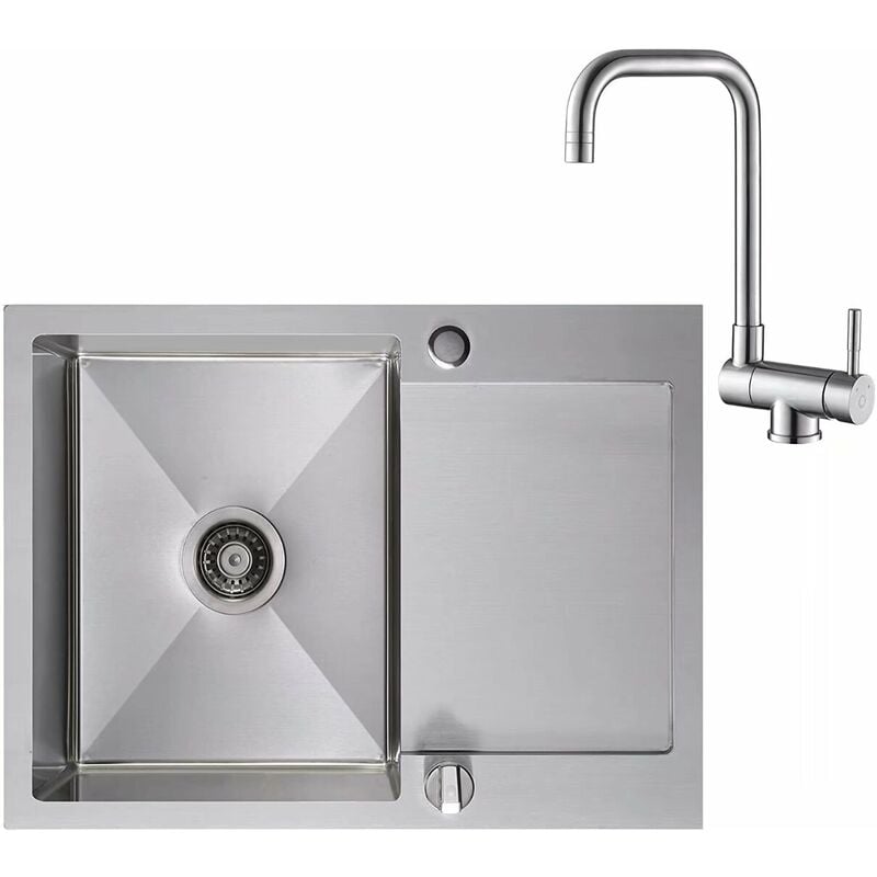 

Fregadero de Cocina 1 Bandeja de Goteo Reversible 60 × 45 cm + Grifo de Cocina abatible al menos 40 cm desde el Fondo del Mueble, con Rebosadero, Red