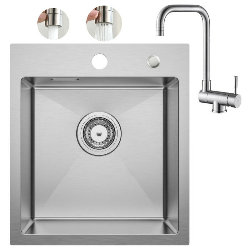 

Fregadero de Cocina 1 Tazón 40 × 45 cm + Grifo de Cocina Plegable Instalación Empotrada o Sobre Encimera Al menos 40 cm desde el fondo del mueble,