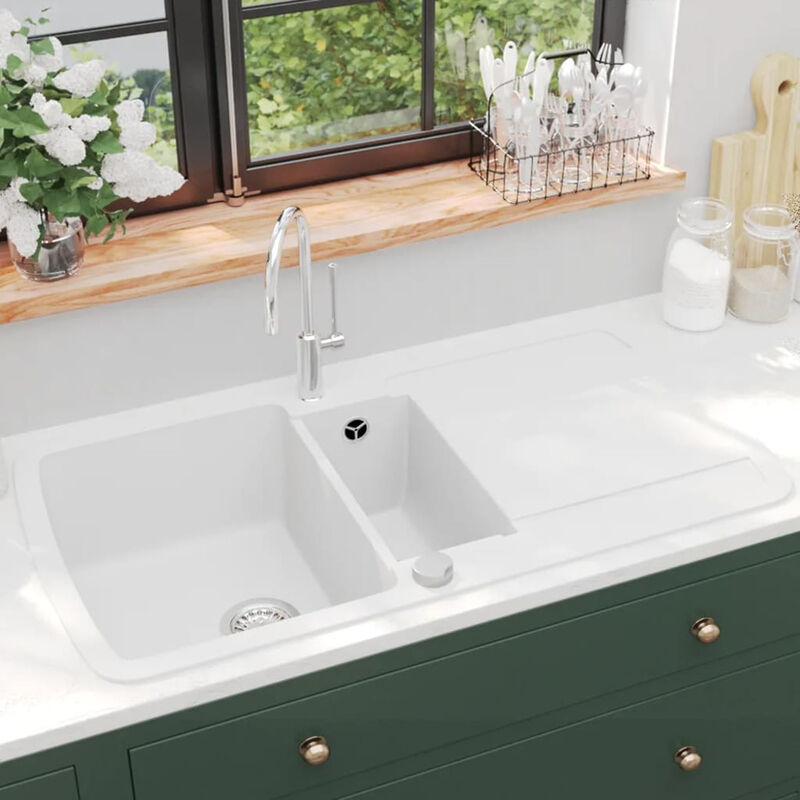 

Happyshopping - Fregadero de cocina con dos senos de granito blanco