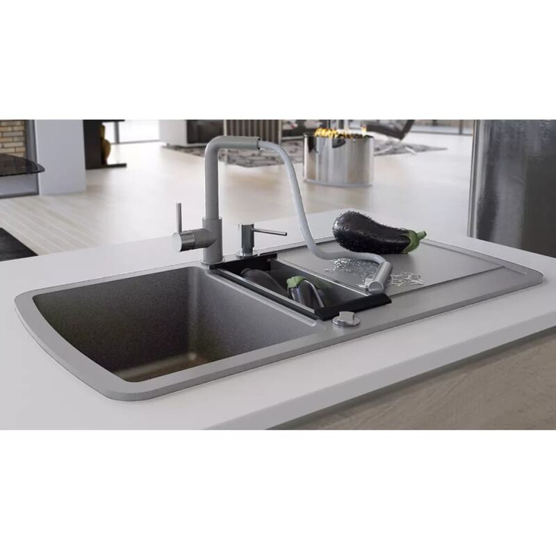 

Fregadero de cocina con dos senos de granito gris