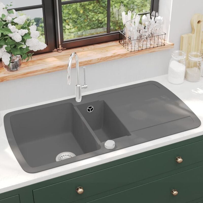 

Fregadero de cocina con dos senos de granito gris - Gris