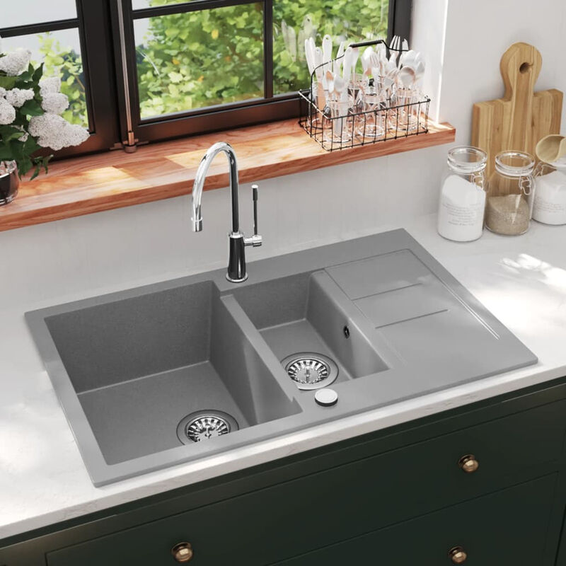

Happyshopping - Fregadero de cocina con dos senos granito gris