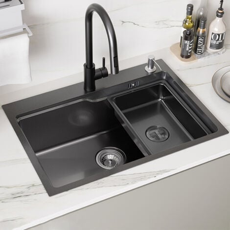 Fregadero de cocina de 1 seno Auralum max 68×48cm + lavabo + dispensador de jabón, fregadero de 1 seno de acero inoxidable de gran capacidad (NEGRO)