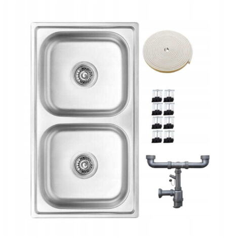 Fregadero de cocina de acero de empotrar, 2 senos, decorativo, 78 x 43 cm