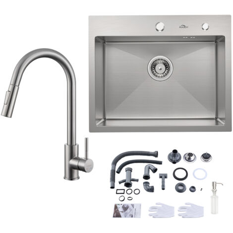 Fregadero de cocina de acero inoxidable 55 x 45 cm Fregadero encastrable para muebles bajos a partir de 60 cm + Grifo de cocina extraíble cepillado