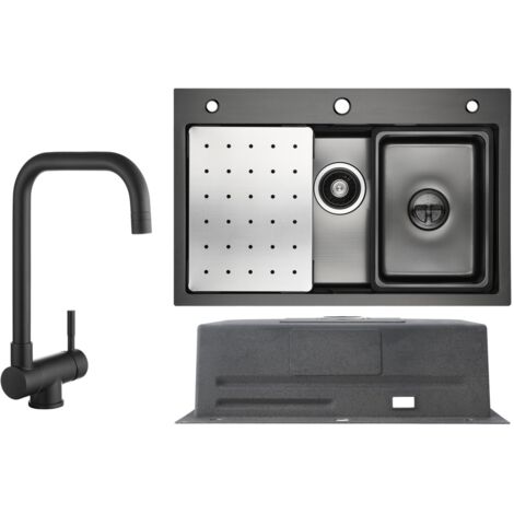 Fregadero de cocina de acero inoxidable 70x45 cm negro antracita con escurridor + grifo de cocina con ventana negro alto 355 mm