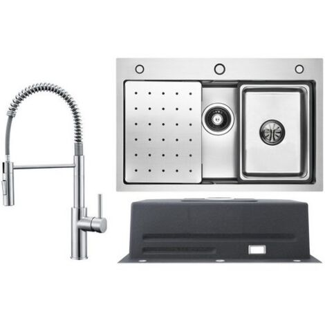 Fregadero de cocina de acero inoxidable 70x45cm cepillado con escurridor + grifo de cocina con resorte cepillado con 2 tipos de chorro grifo de cocina alto 480 mm
