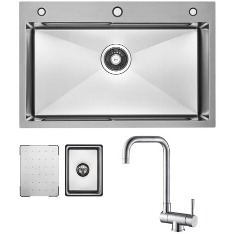 Fregadero de cocina de acero inoxidable, 70x45cm, cepillado con escurridor + grifo de cocina con ventana, grifo de cocina cepillado de alto 355MM