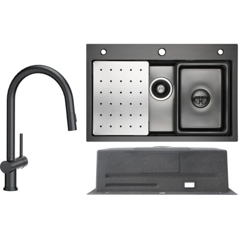 Fregadero de cocina de acero inoxidable 70x45cm negro antracita con escurridor + grifo de cocina extraíble negro con 2 tipos de chorro alto 425MM
