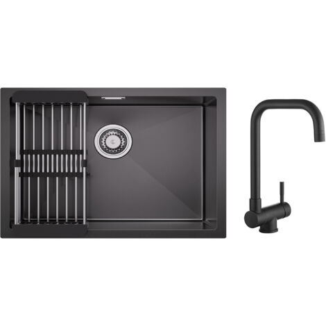 Fregadero de cocina de acero inoxidable de 1 seno de 60 × 44 cm con escurridor y grifo mezclador plegable, grifo mezclador plegable debajo de la ventana, color negro