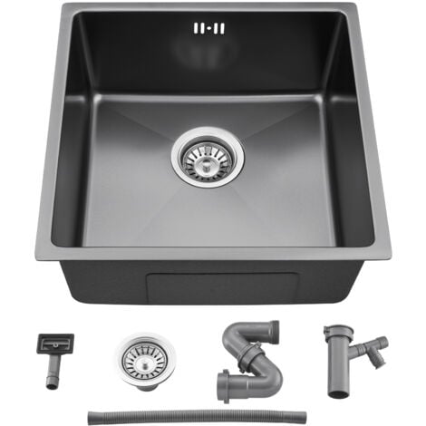 AURALUM MAX Fregadero de cocina de acero inoxidable Fregadero de cocina de 44 x 44 cm, para armarios a partir de 45 cm, enrasado, bajo encimera o encastrado, nano negro gris