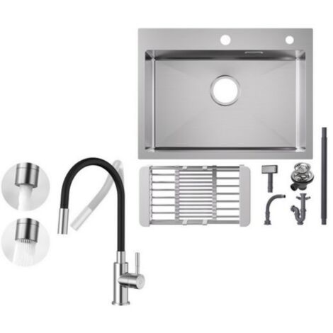 Fregadero de cocina de acero inoxidable, lavabo sobre encimera de 60x45cm, cepillado + grifo de cocina Universal, grifo de cocina cepillado de alto 380MM