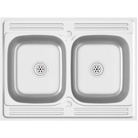 Fregadero de cocina de dos senos 800x600x155 mm acero inoxidable plateado 020002430
