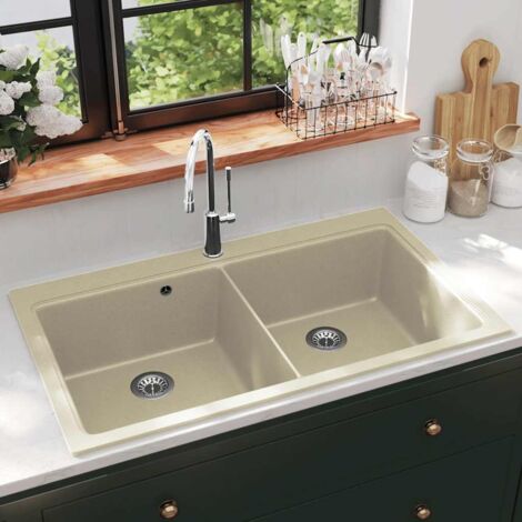 Fregadero de cocina de granito con dos senos beige vidaXL