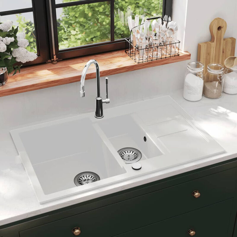 

Happyshopping - Fregadero de cocina de granito con dos senos blanco