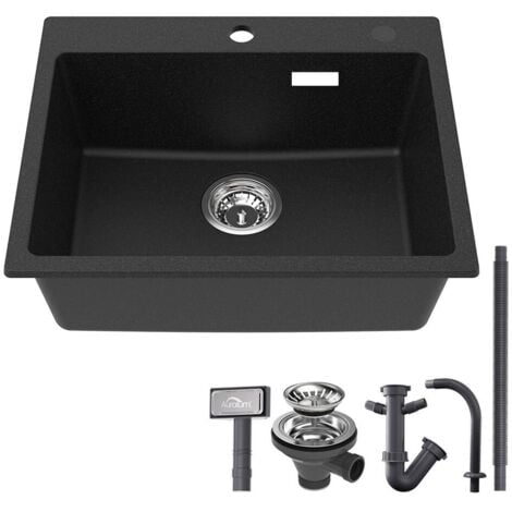 AURALUM Fregadero de Cocina de Granito y Resina 55x45cm Fregaderos Sobrepuesto de una cubeta con Desagüe y Sifón, Fregadero Cocina Sobre Encimera, Negro granito