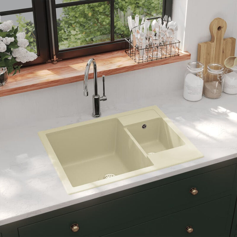 

Fregadero de cocina doble seno con rebosadero granito beige