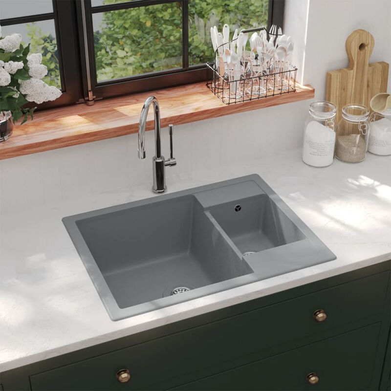 

Fregadero de cocina doble seno con rebosadero granito gris