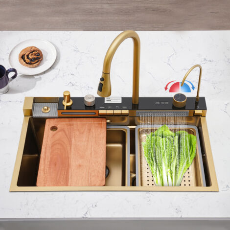 Fregadero de cocina, fregadero de acero inoxidable, fregadero de cascada, fregadero, lavado, encimera, fregadero
